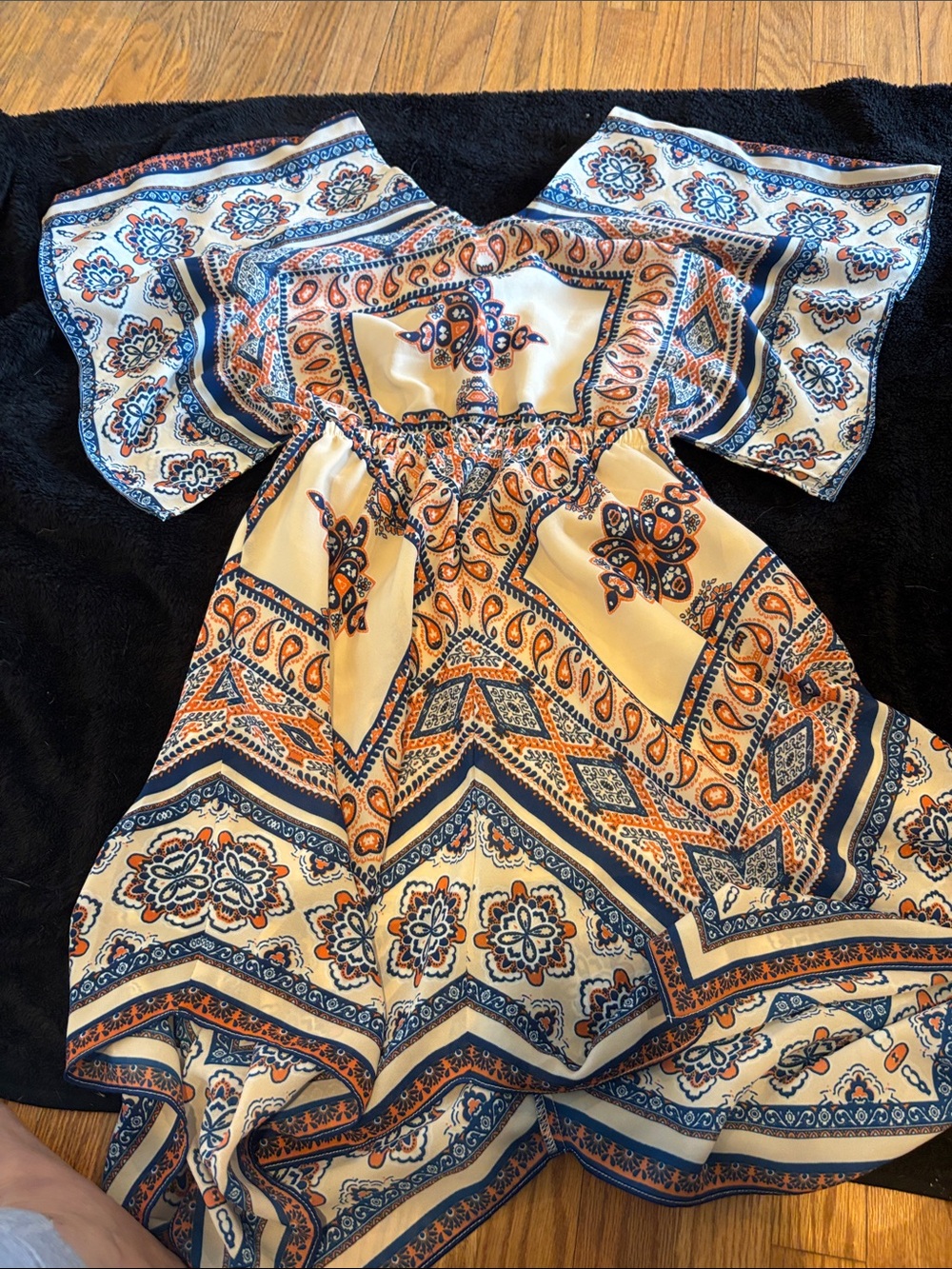 Moon River Cream and Navy Paisley Boho Dress